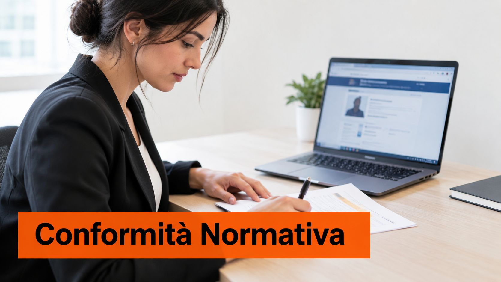 Una professionista in giacca nera che lavora alla scrivania controllando documenti e un computer portatile.