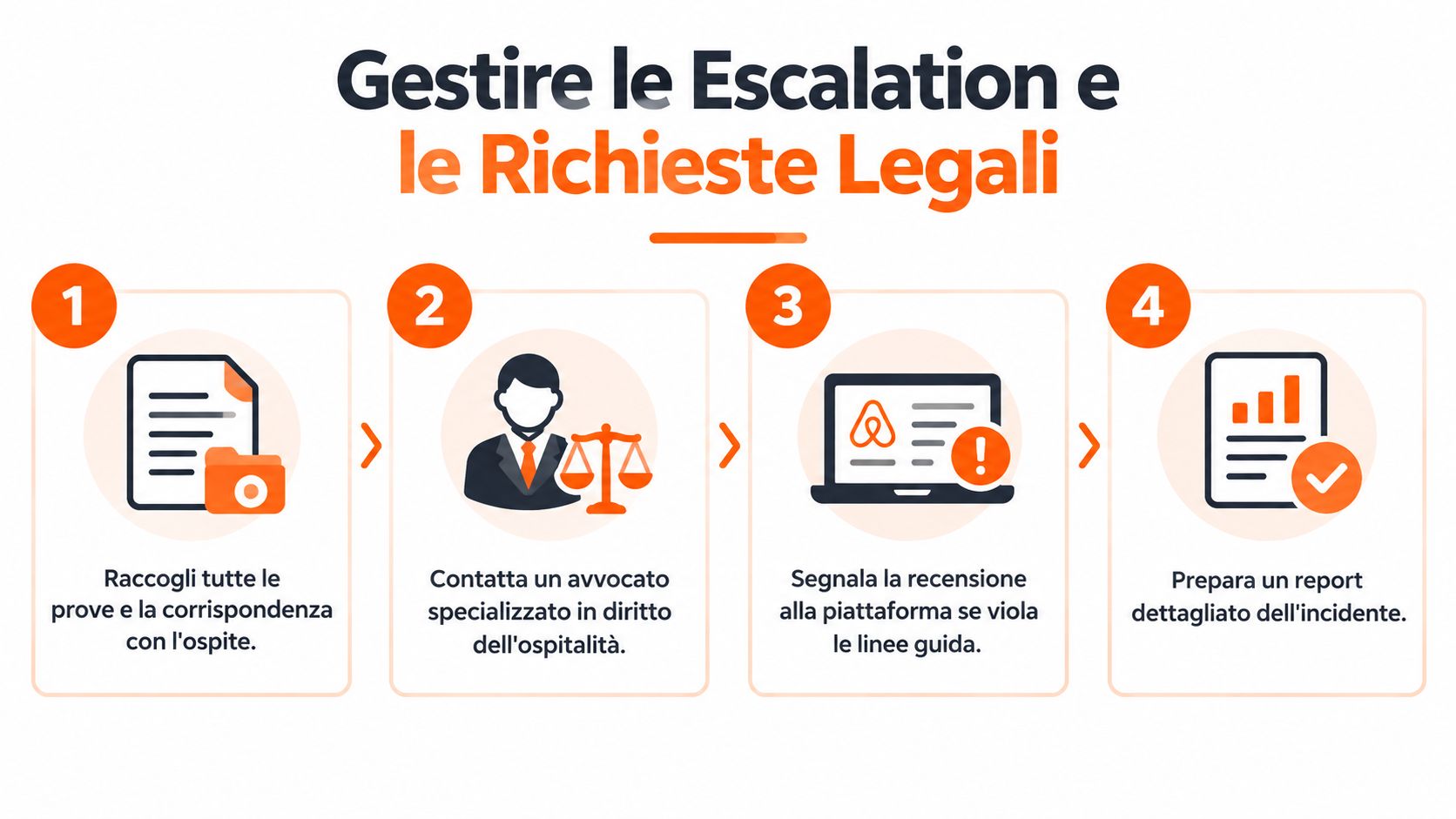 Infografica in quattro passaggi su come gestire legalmente le controversie e le recensioni negative con gli ospiti.