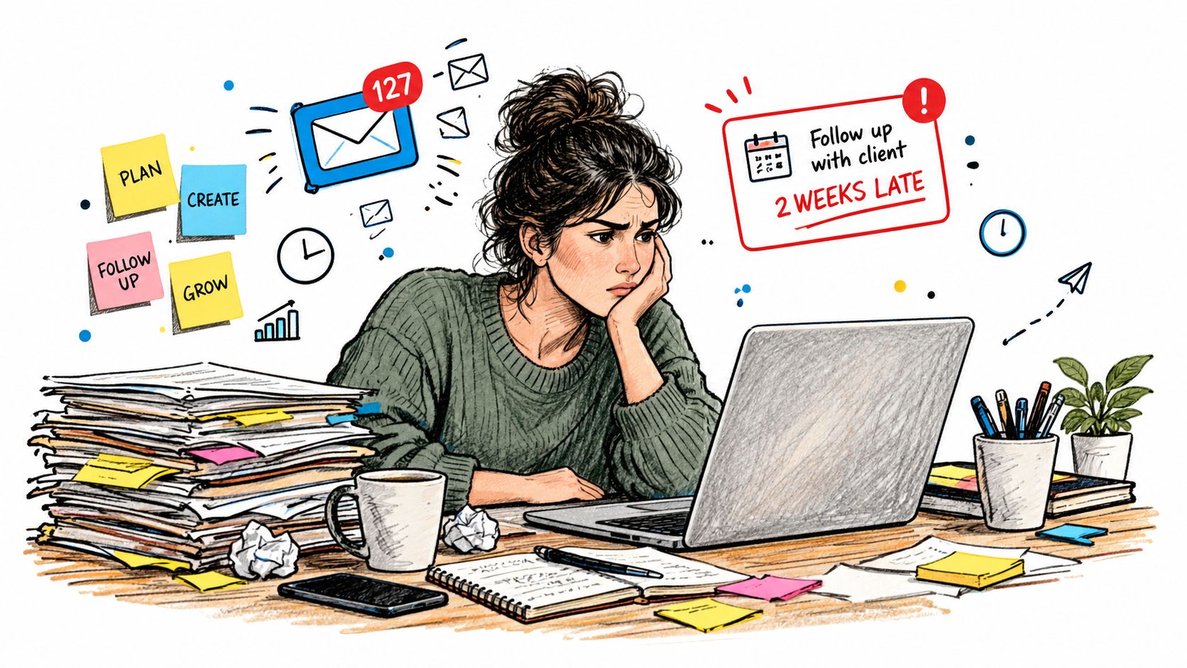 A stressed entrepreneur sitting at a messy desk with a laptop, overwhelmed by emails and tasks.