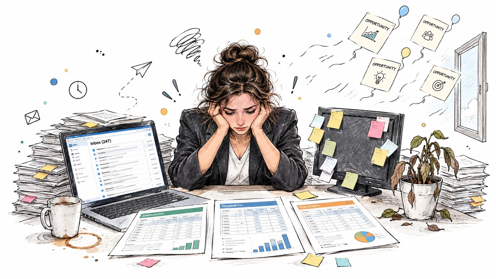 A stressed woman working at an cluttered office desk with stacks of paper, a laptop, and reports.