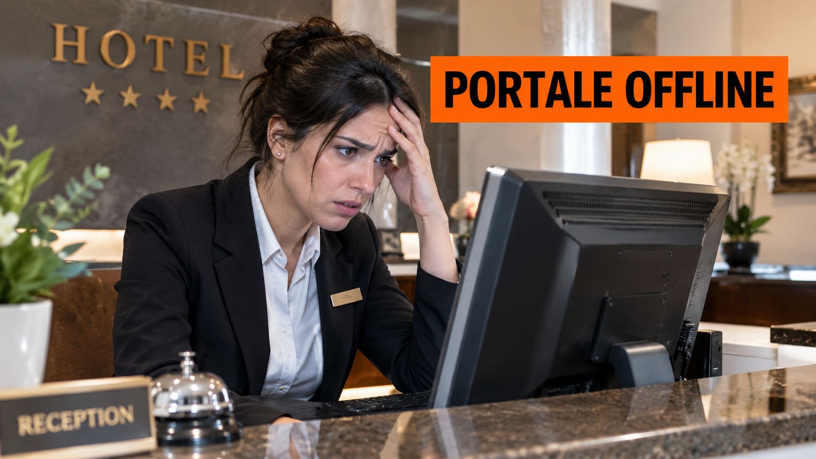 Impiegata alla reception di un hotel visibilmente preoccupata davanti al computer a causa del portale fuori servizio.