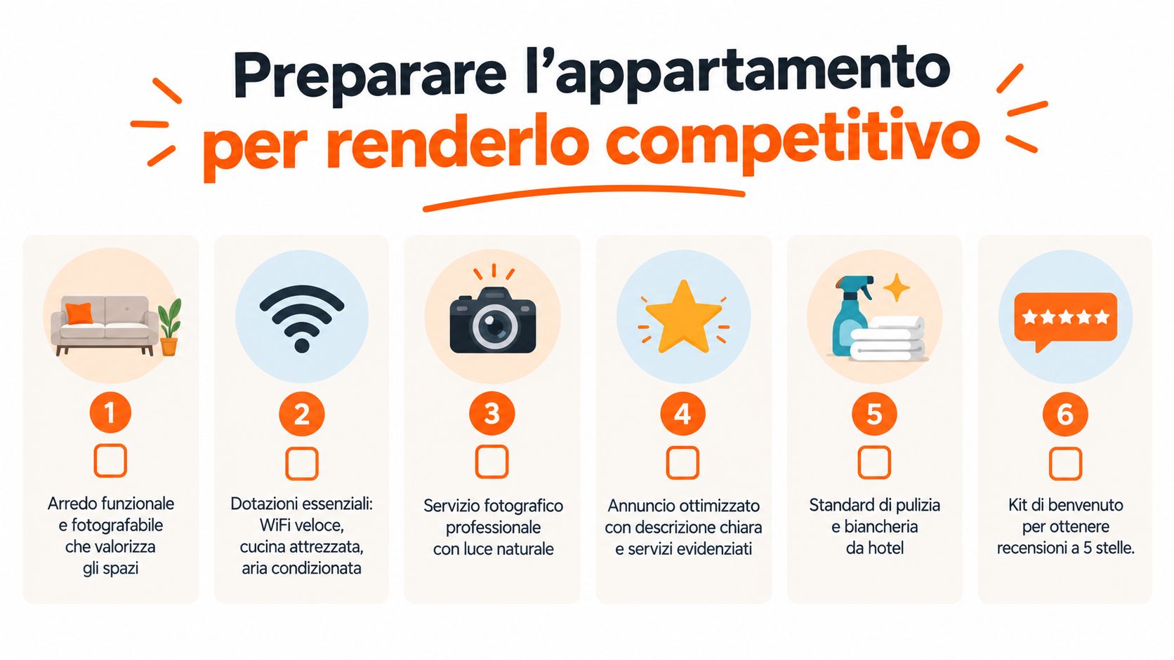 Infografica con sei consigli pratici per rendere un appartamento in affitto vacanze competitivo e attraente per gli ospiti.