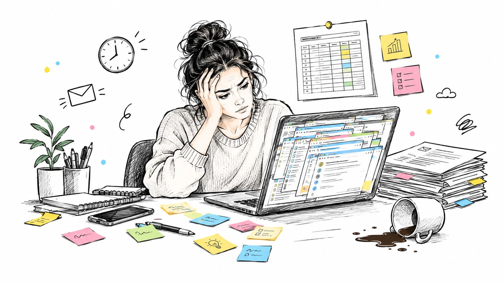 A stressed woman working at her desk with a laptop overwhelmed by multiple digital windows and tasks.