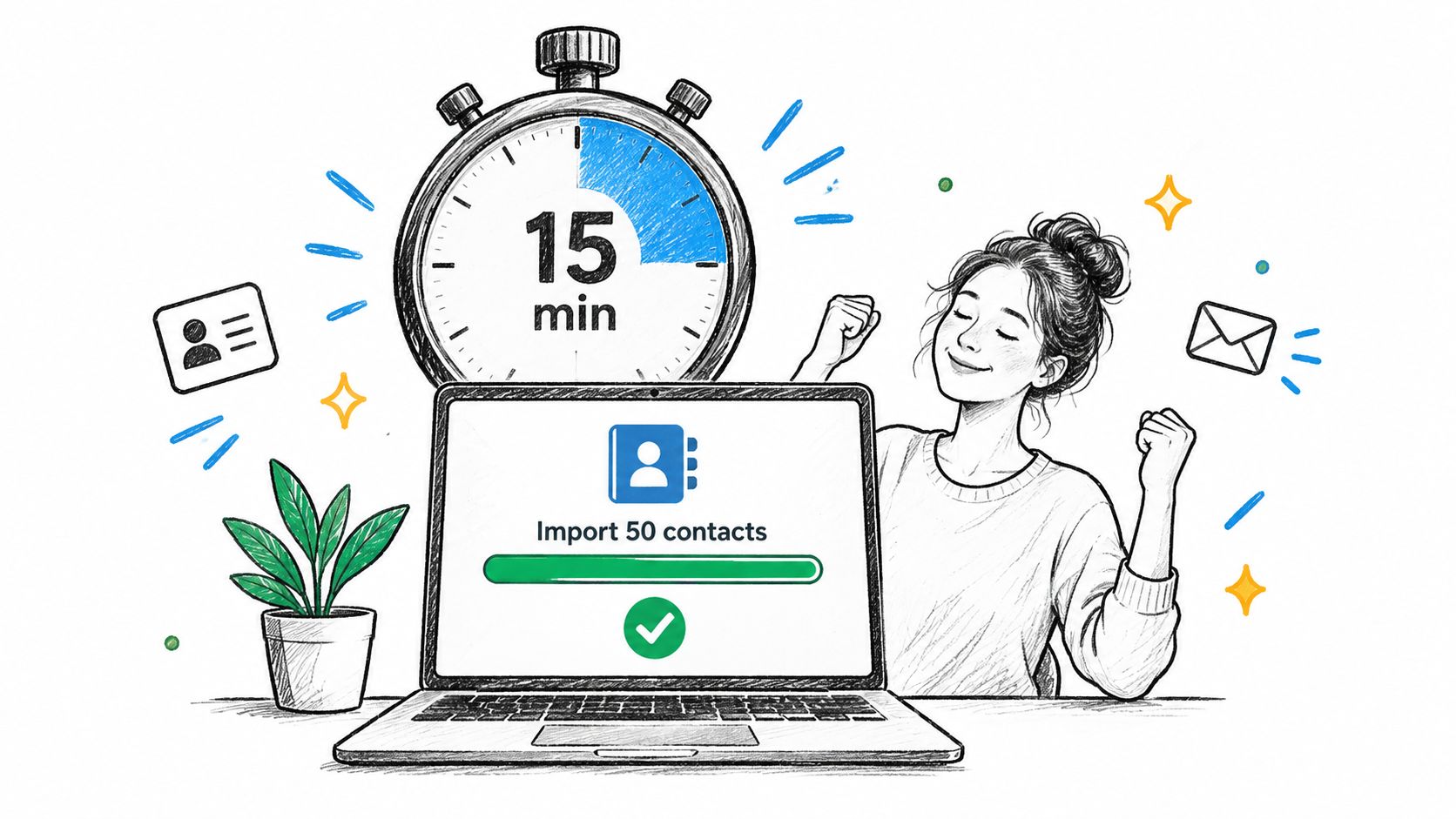A happy woman celebrating the successful completion of a 15-minute contact import task on her laptop.