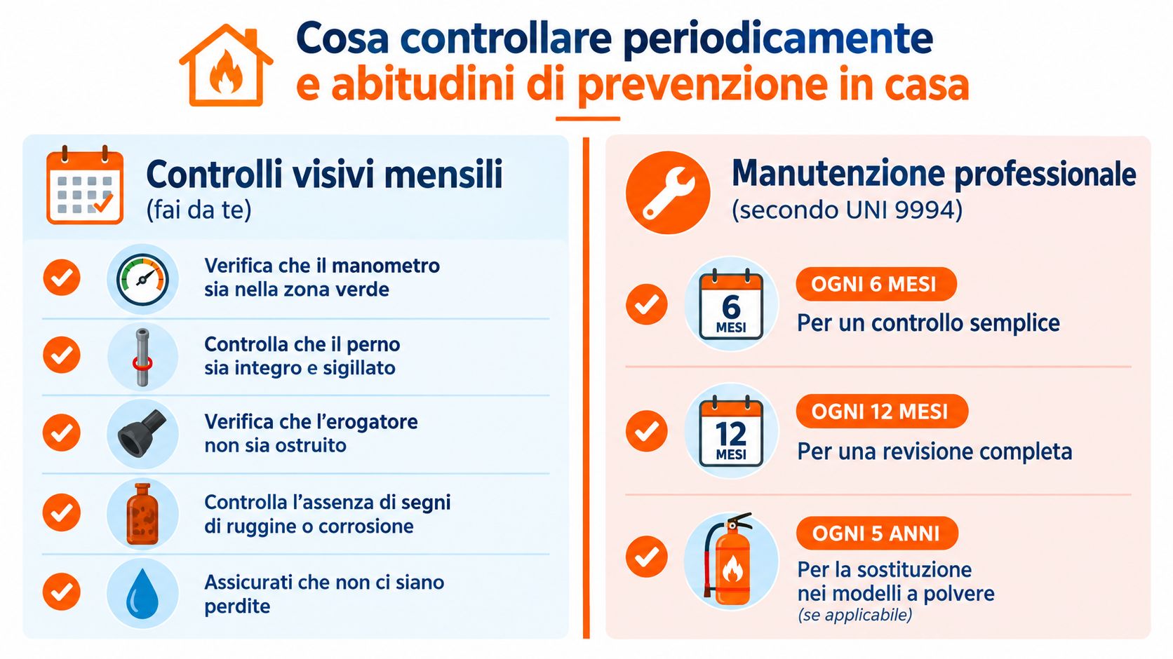 Infografica sui controlli periodici fai da te e la manutenzione professionale degli estintori in casa.