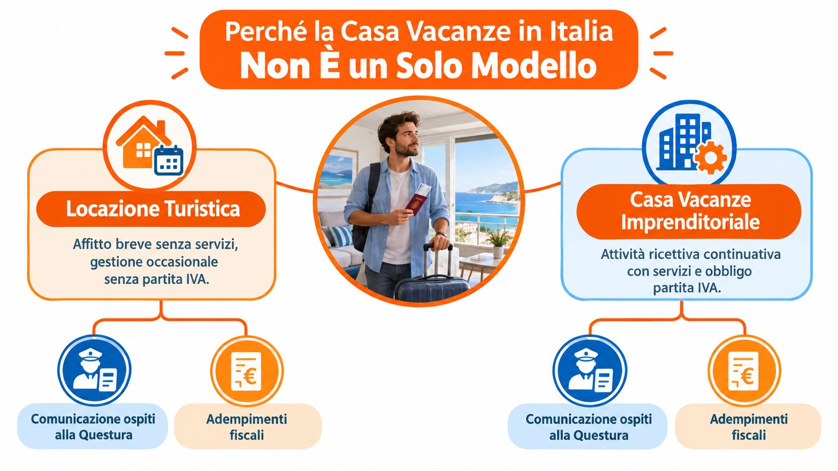 Infografica che illustra le due principali tipologie di casa vacanze in Italia, confrontando locazione turistica e imprenditoriale.