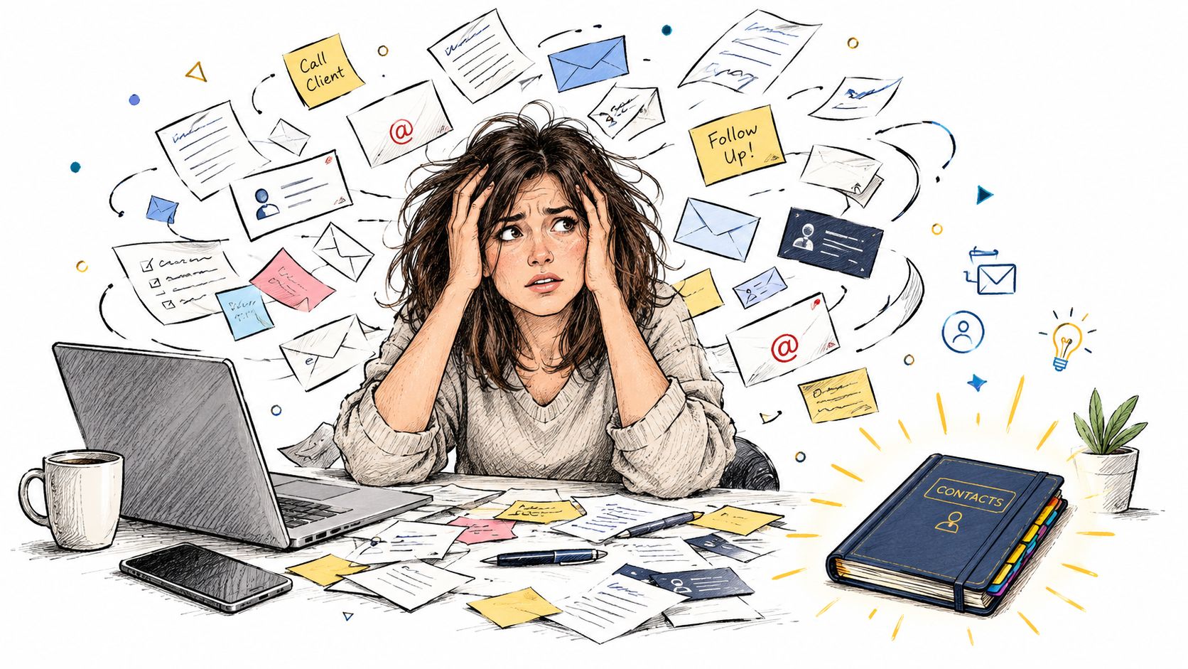 A stressed woman at a cluttered desk surrounded by paperwork looking at a glowing contacts notebook.