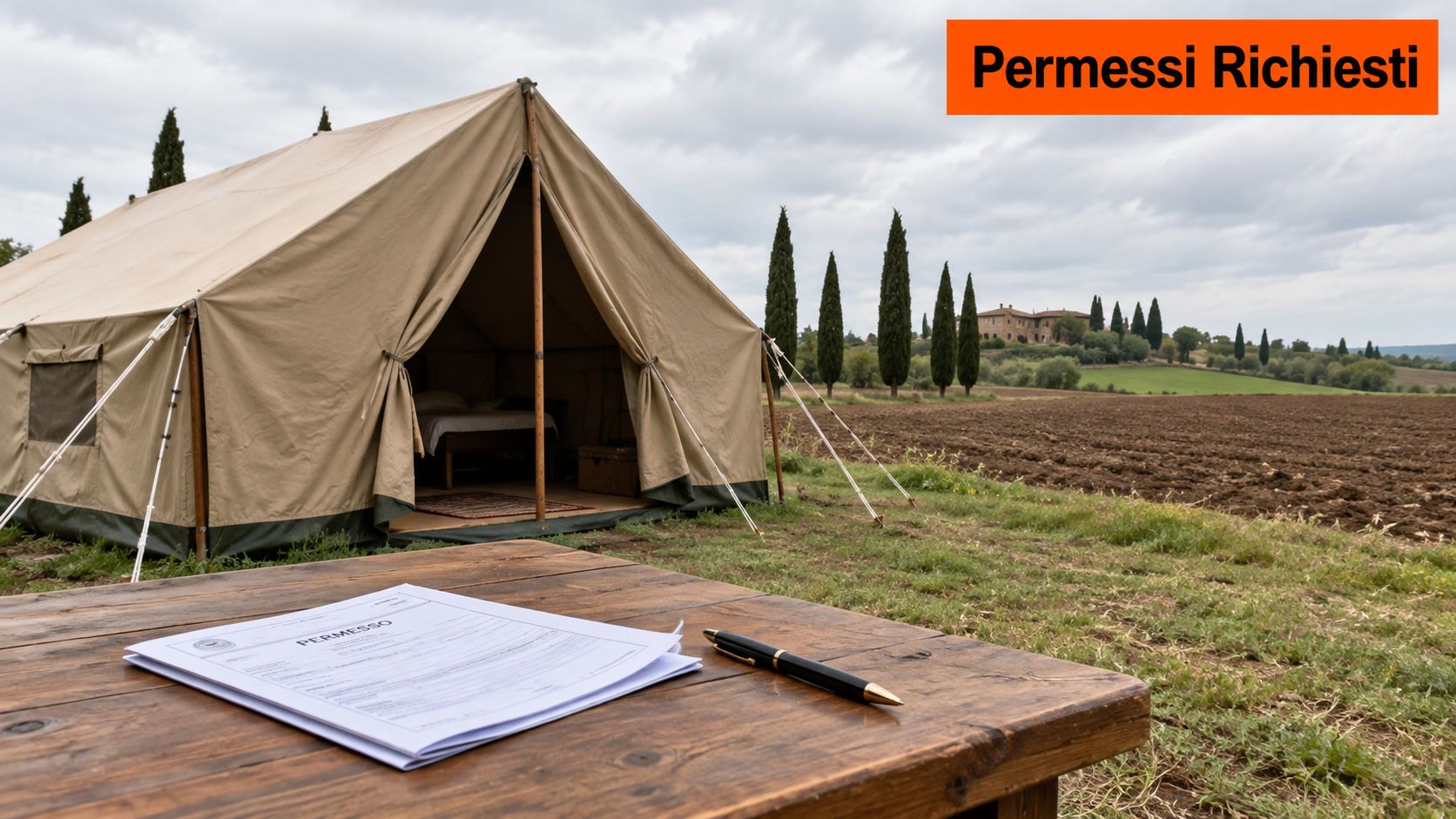 Una tenda da glamping posizionata in un campo agricolo con un modulo di permesso su un tavolo.