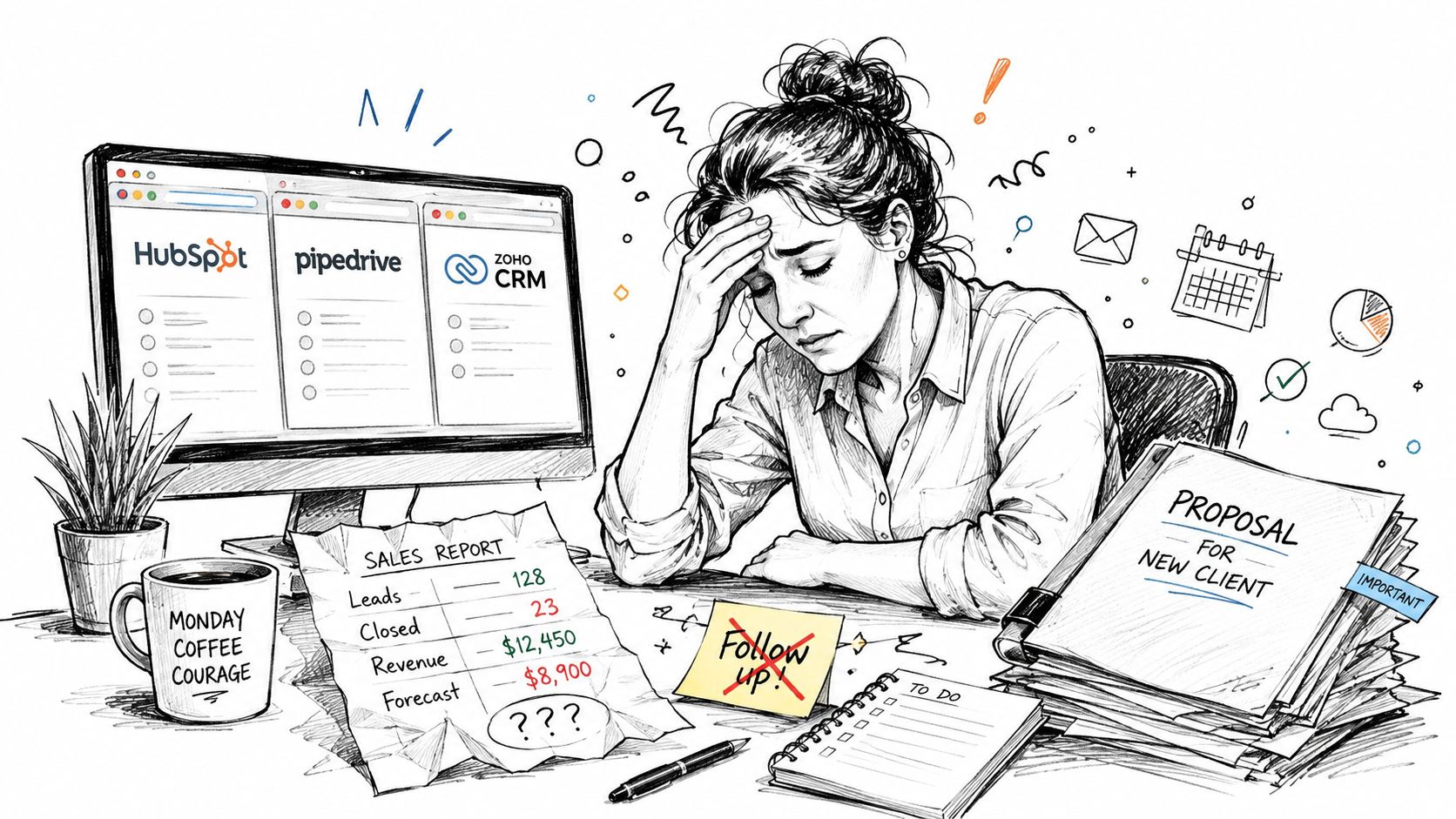 A stressed woman working at her desk with multiple CRM platforms open on her computer screen.