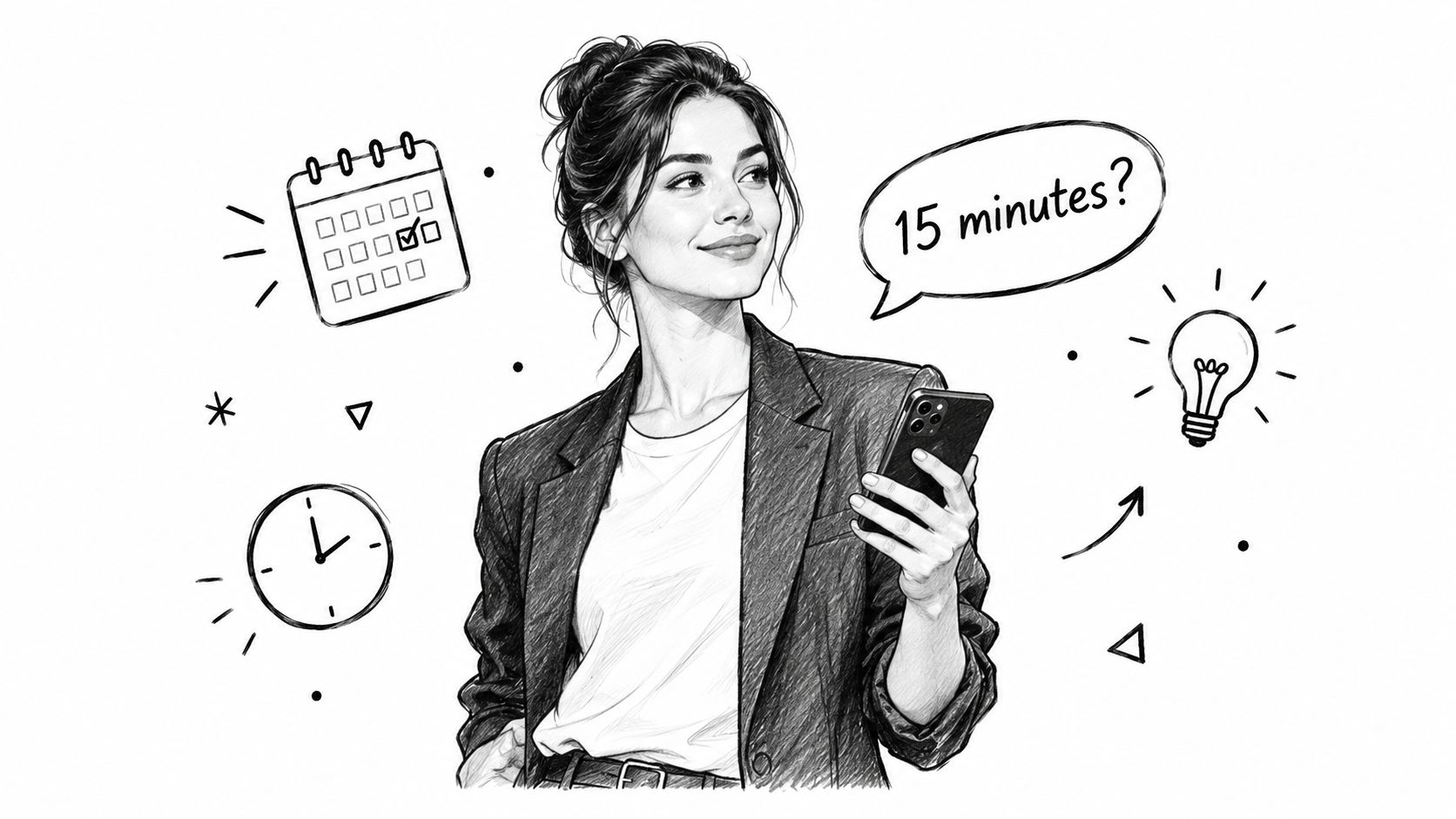 A professional woman holding a smartphone with icons of a calendar, clock, and lightbulb floating around her.