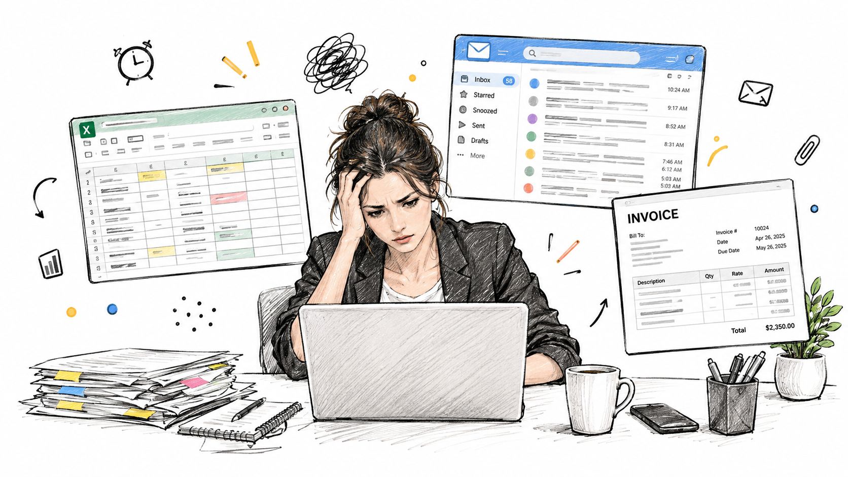 A stressed woman working at her desk surrounded by spreadsheets, emails, invoices, and piles of documents.