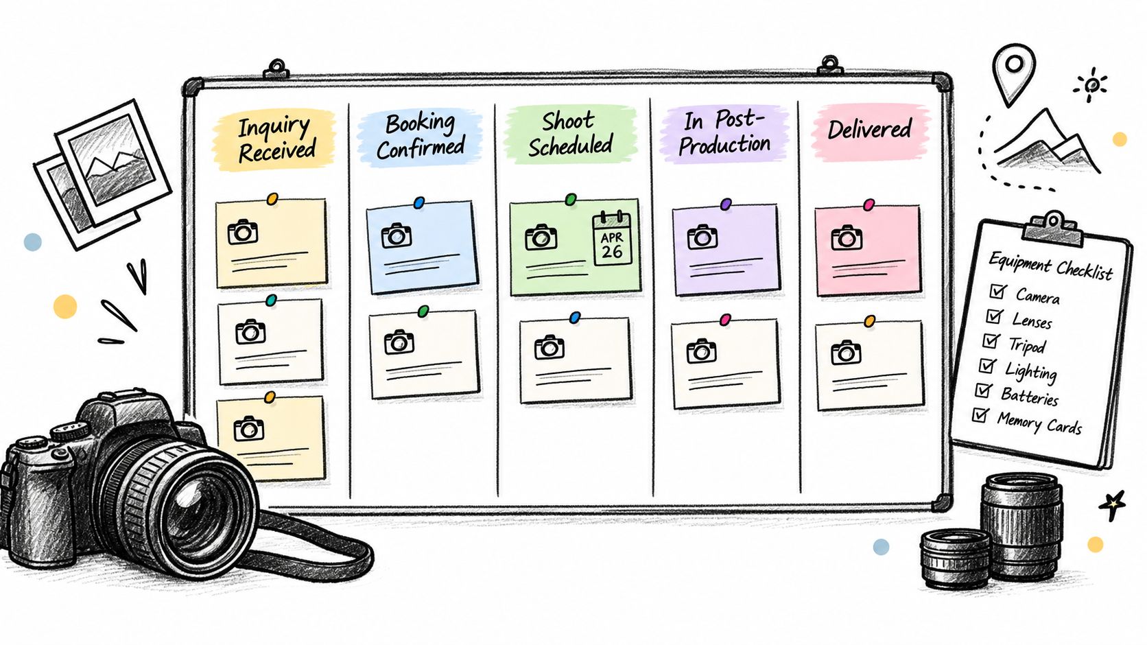 A creative illustration of a photographer's Kanban workflow board with sticky notes representing project stages.