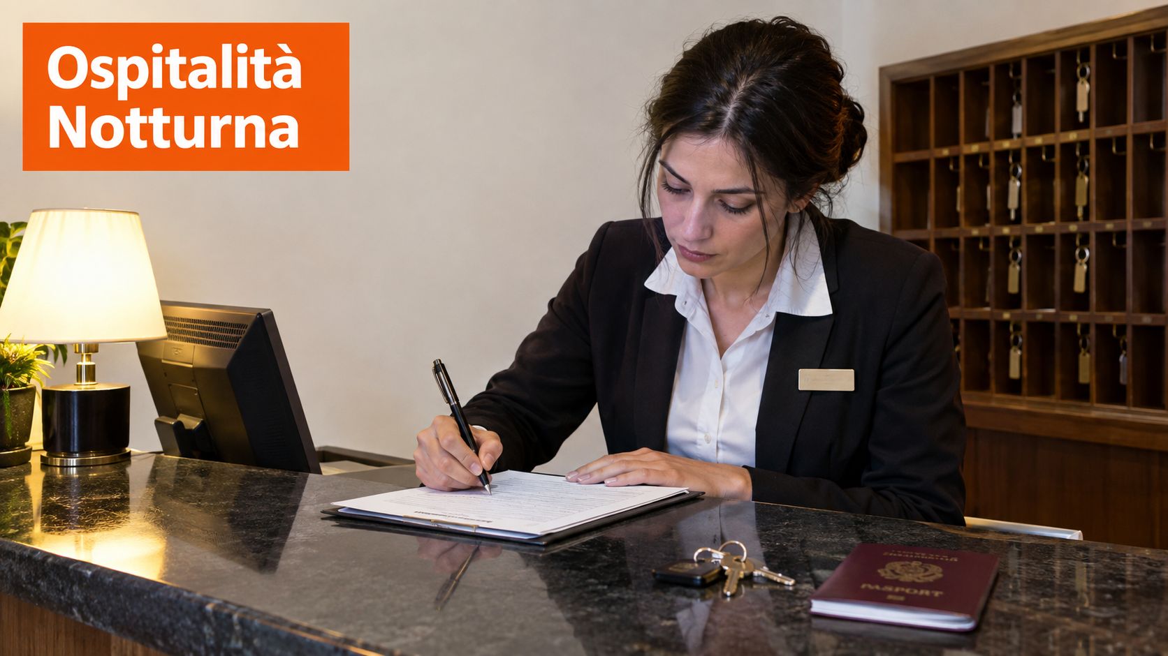 Una receptionist in uniforme lavora al banco di un elegante hotel scrivendo su dei documenti importanti.