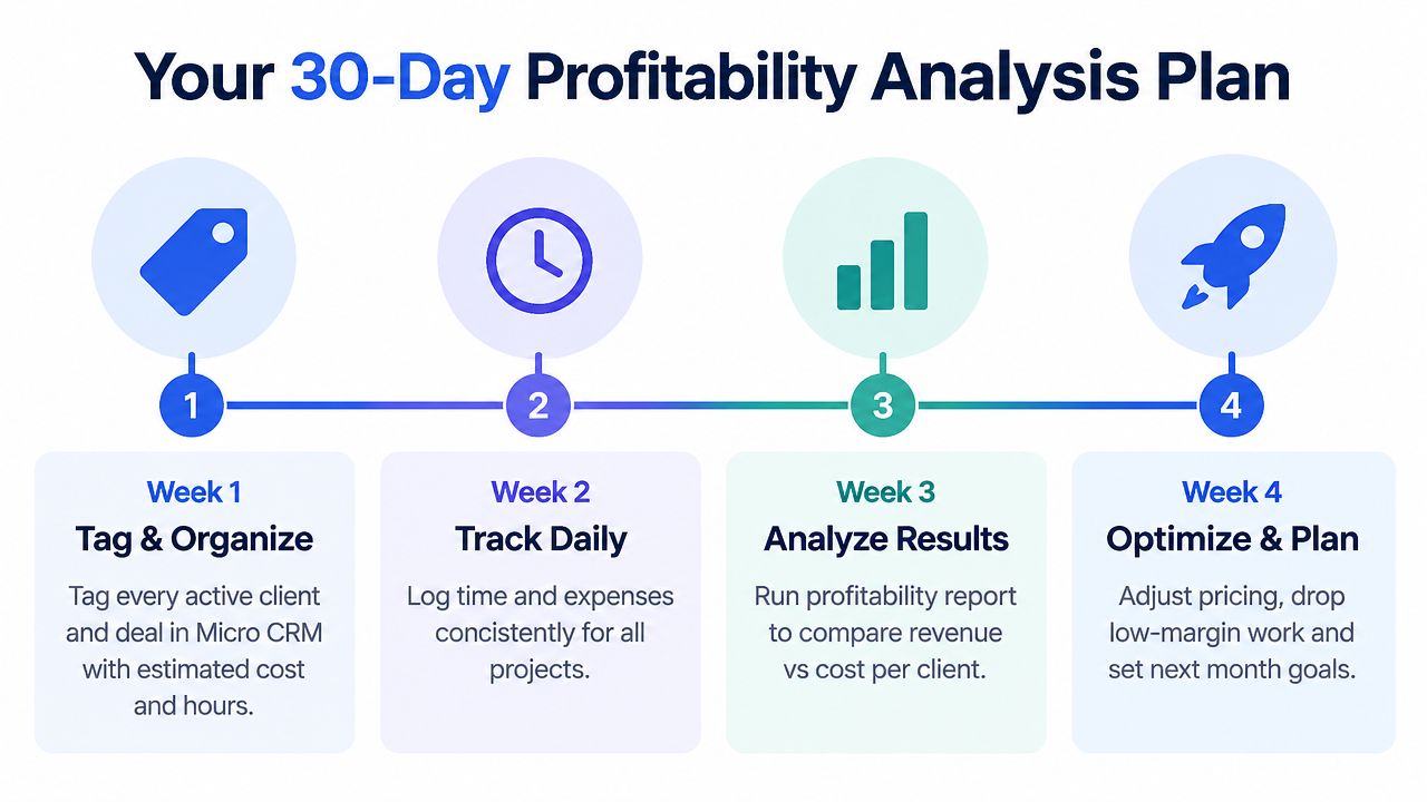 A four-week plan graphic outlining steps to conduct a business profitability analysis for improving project margins.