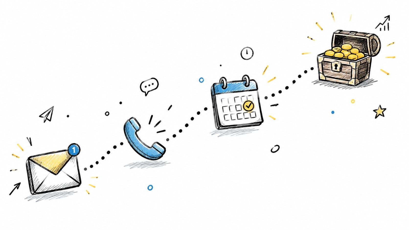 A hand-drawn illustration showing a business process from email contact to phone call, calendar scheduling, and financial reward.