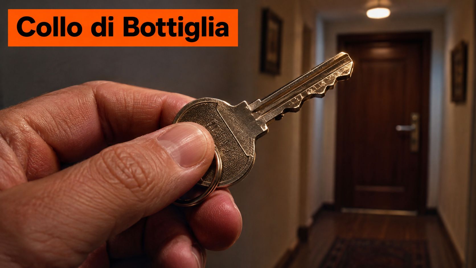 Una mano che tiene una chiave dorata davanti a un corridoio con una porta chiusa sullo sfondo