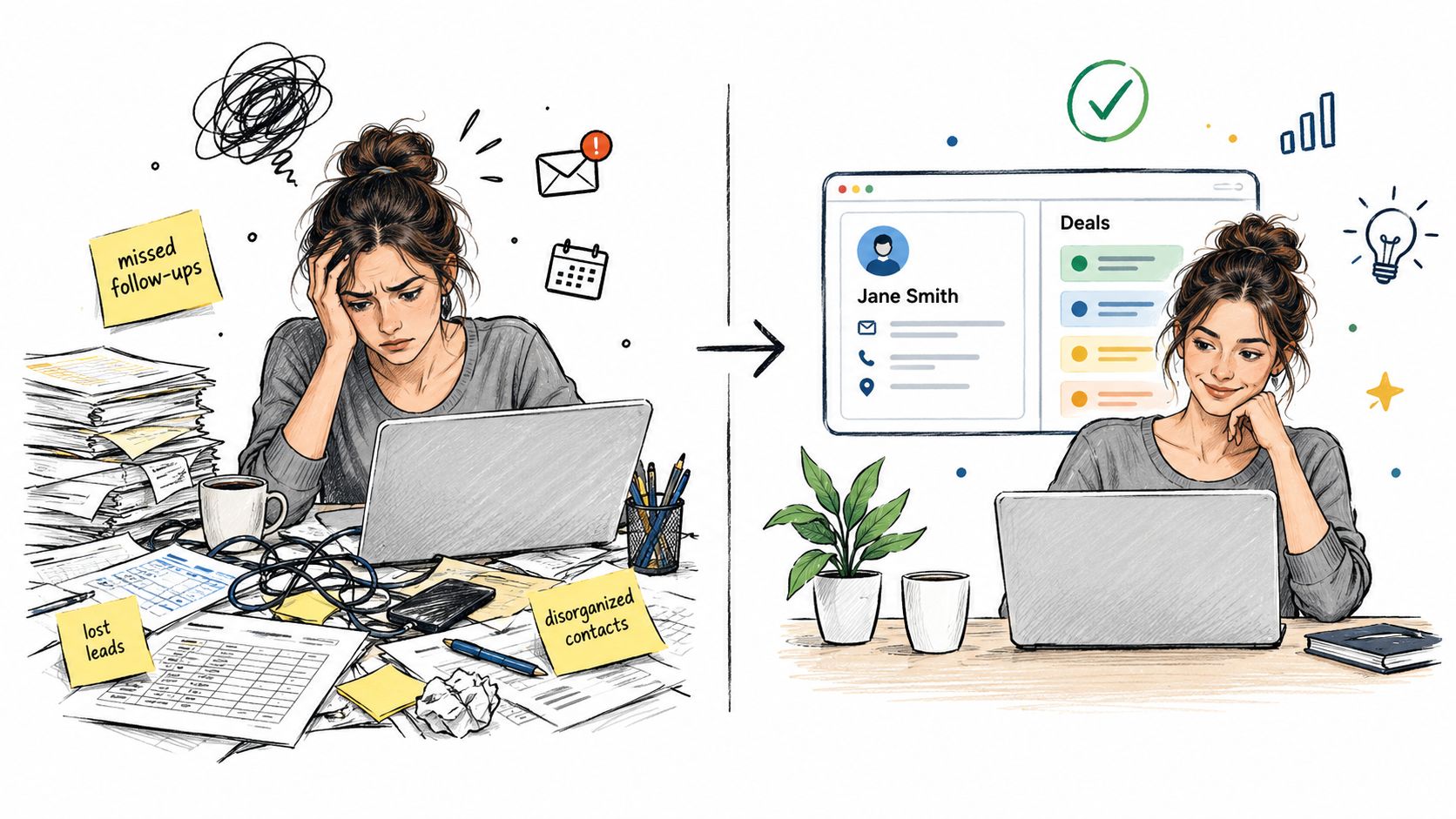A split image showing a stressed woman in a messy office and a calm woman using CRM software.