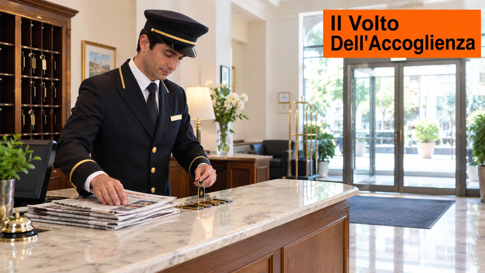 Un cortese portiere di hotel in uniforme si occupa degli arrivi presso il bancone della reception