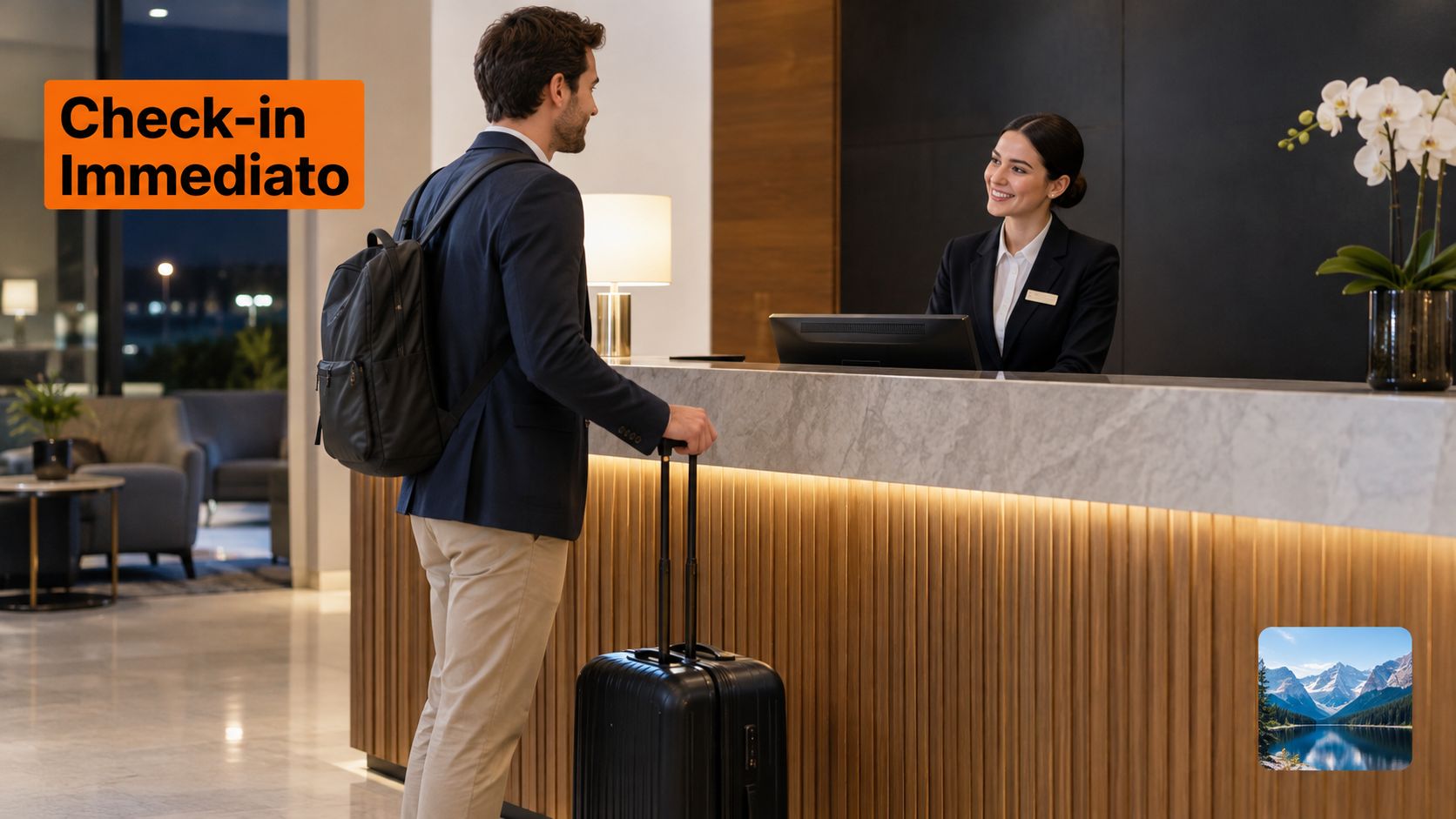 Un ospite con zaino e valigia effettua il check-in immediato alla reception di un hotel moderno.