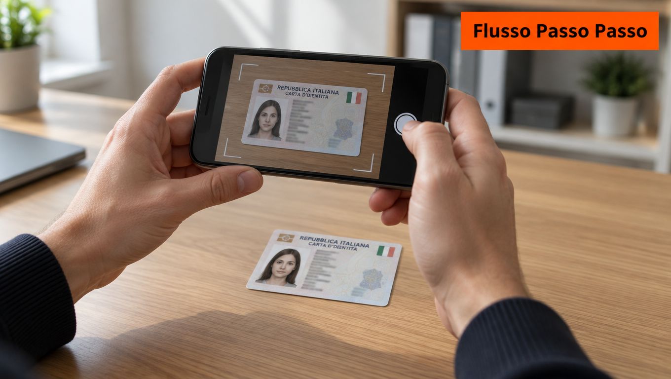 Una persona scatta una foto a una carta d'identità italiana utilizzando uno smartphone su una scrivania.