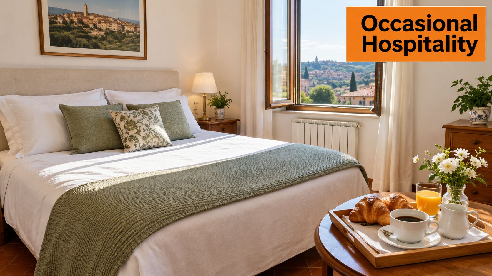 Una camera da letto accogliente con vista panoramica, un letto rifatto e una colazione su un tavolino.