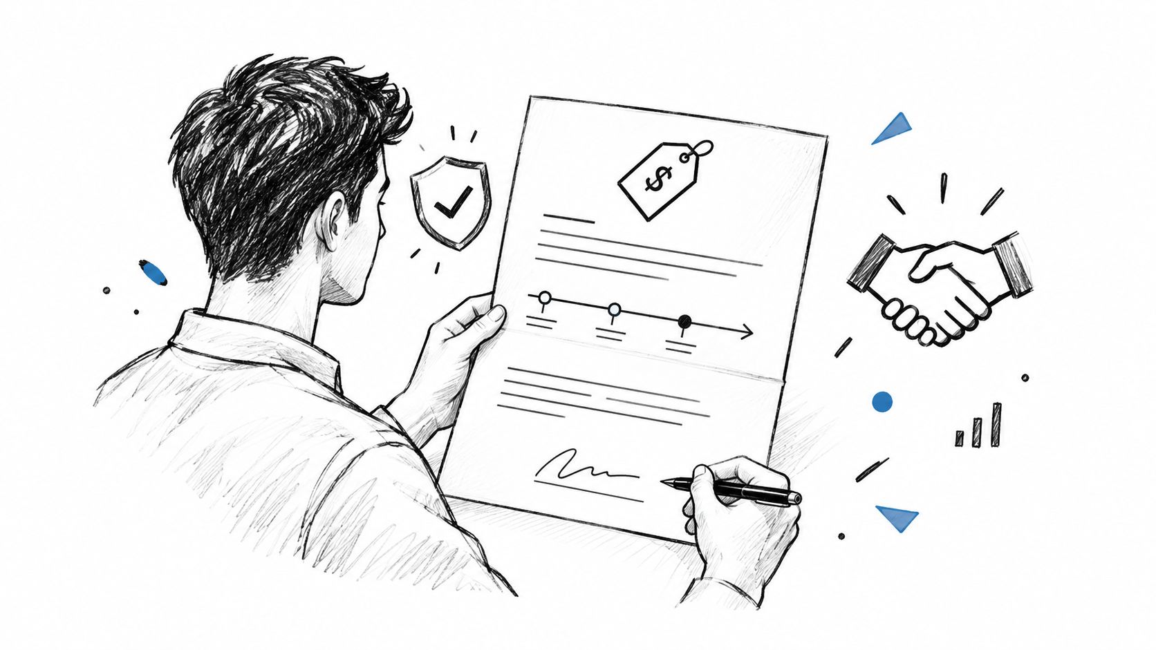 A sketched illustration of a businessman reviewing and signing a formal contract document with business icons.