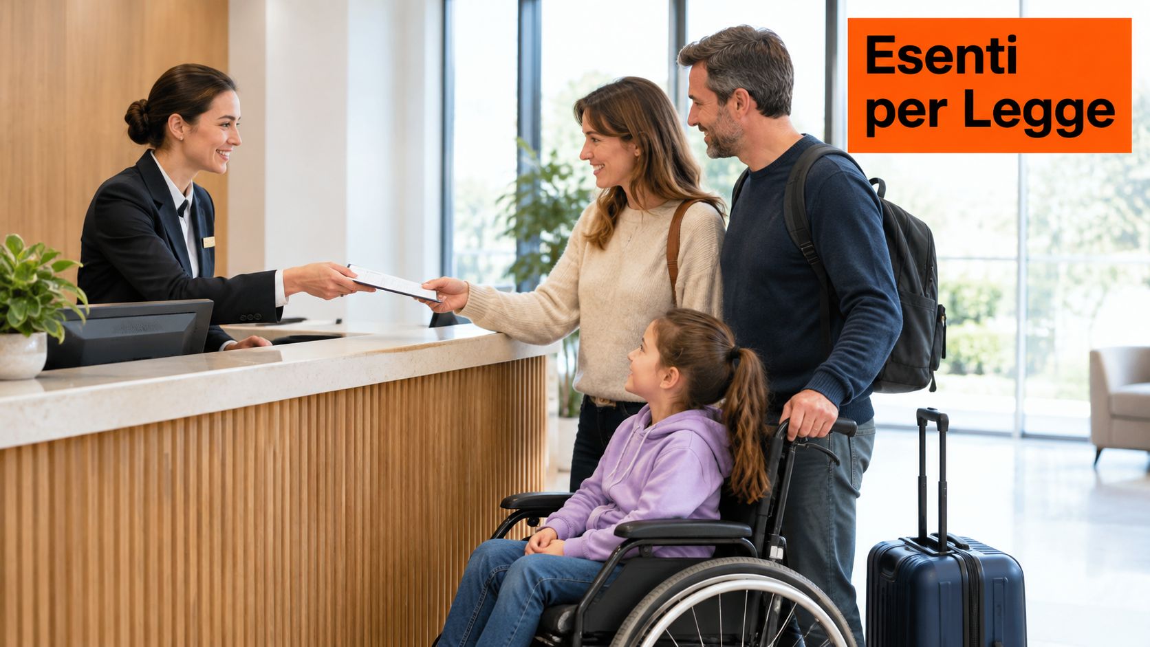 Una famiglia in reception con una bambina su sedia a rotelle durante il check-in in hotel.