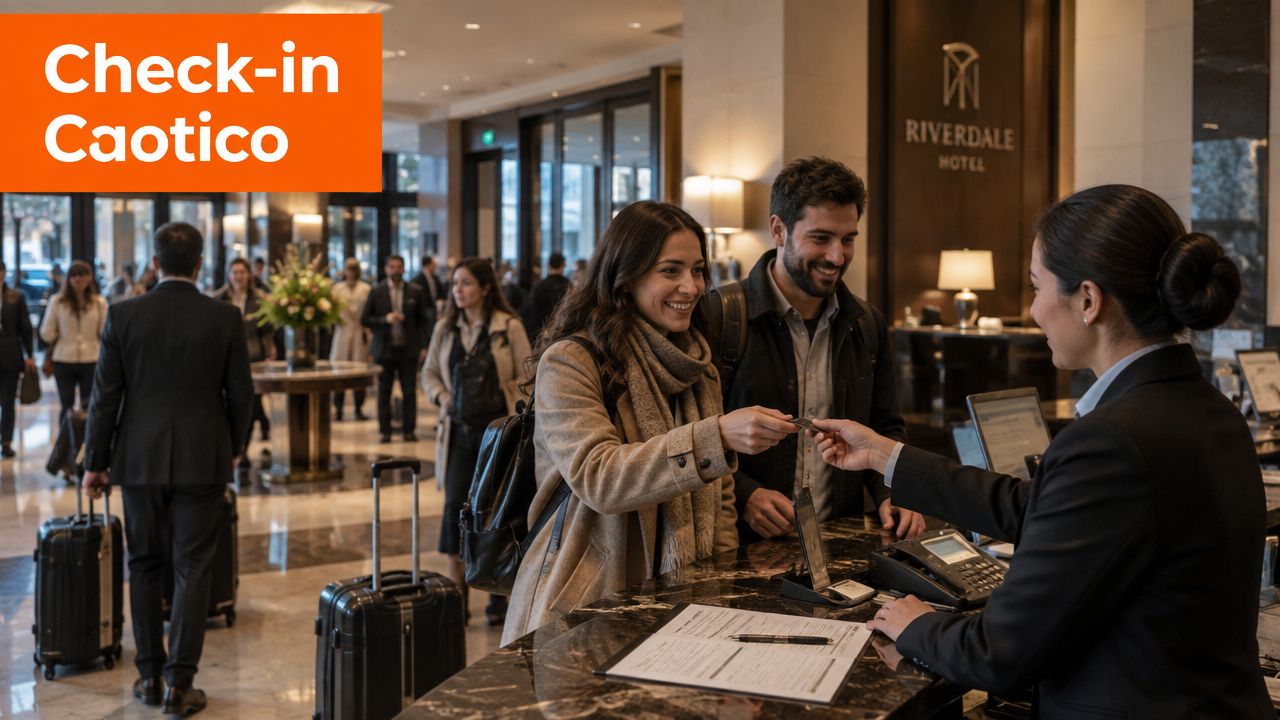 Una coppia effettua il check-in alla reception dell'hotel Riverdale mentre altri ospiti camminano sullo sfondo della hall.