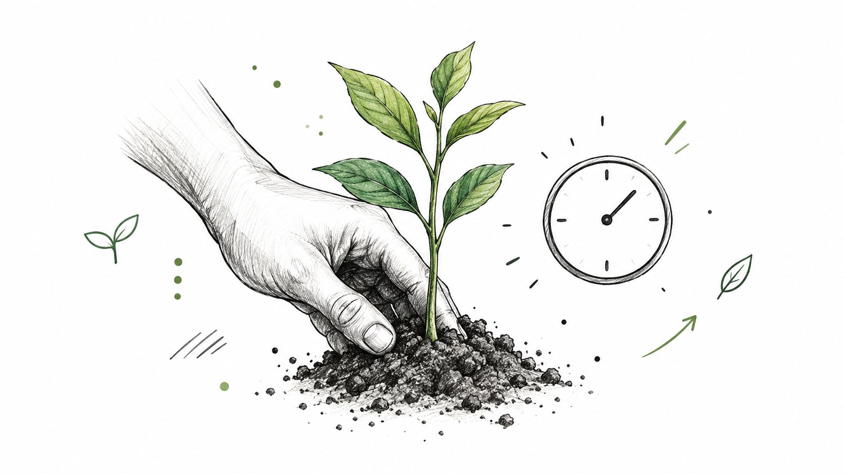A hand planting a young seedling in soil next to a clock icon, symbolizing growth and time.