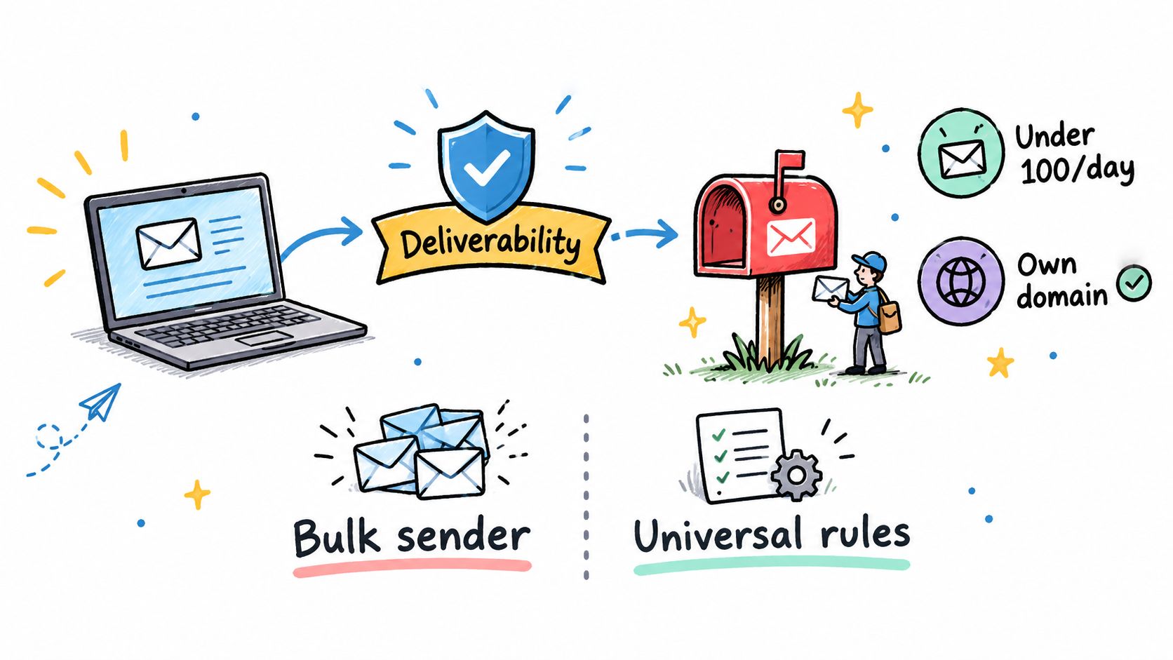 An infographic illustrating email deliverability concepts including bulk sender, universal rules, domain usage, and daily volume limits.