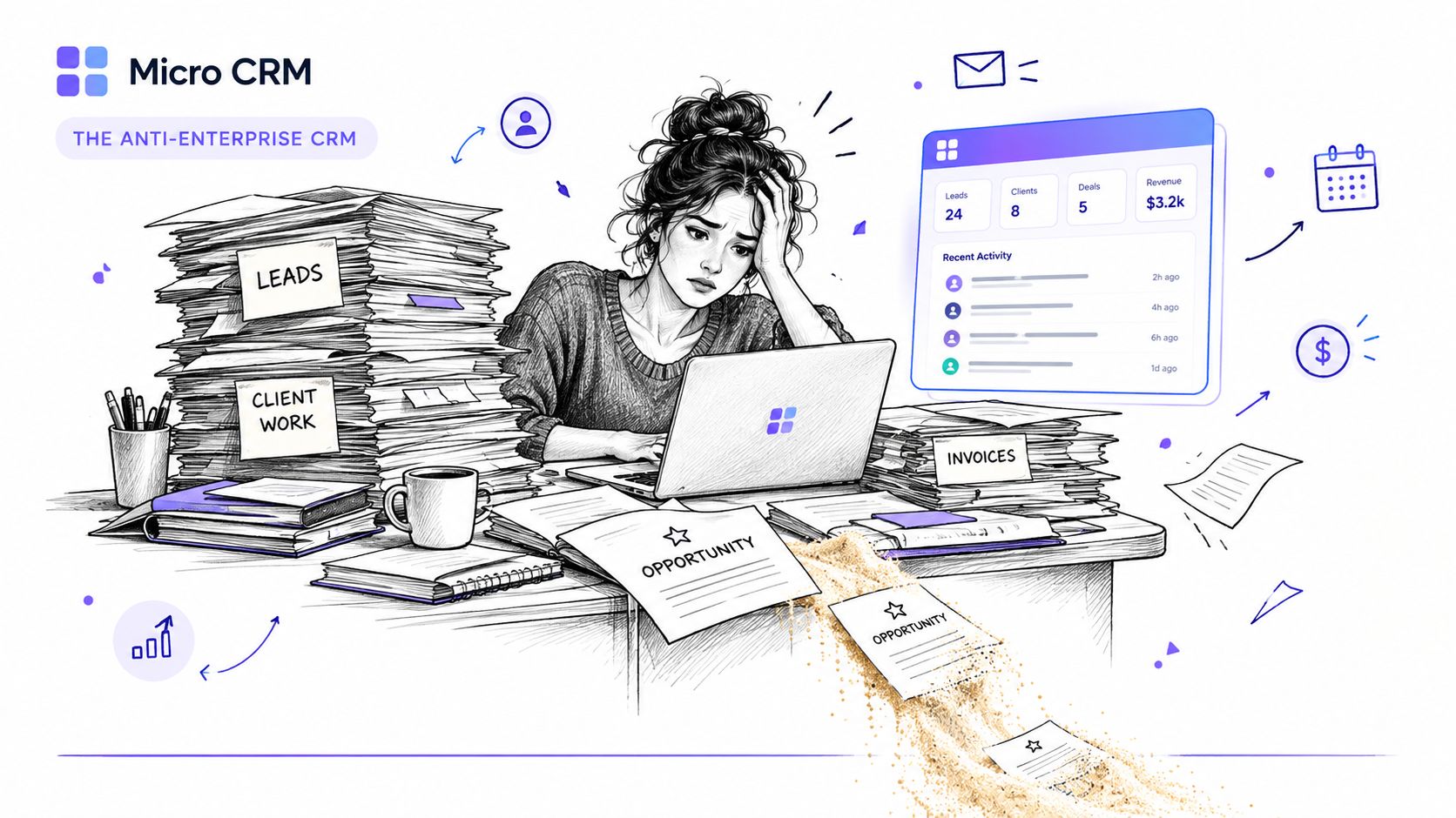 A stressed woman working at a cluttered desk, surrounded by piles of paperwork and digital CRM data.