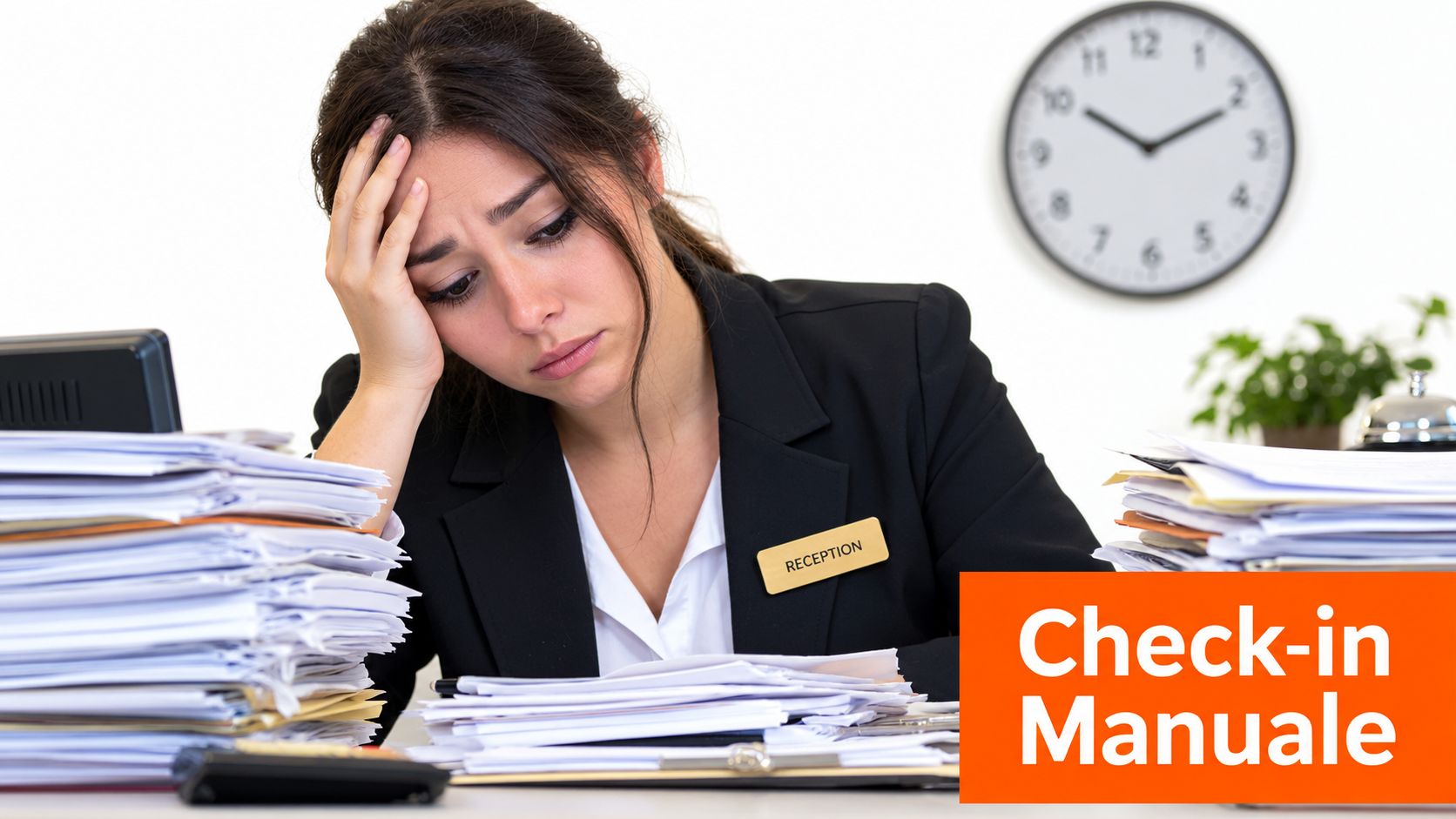 Una receptionist stressata e stanca seduta a una scrivania piena di pile di documenti in ufficio.
