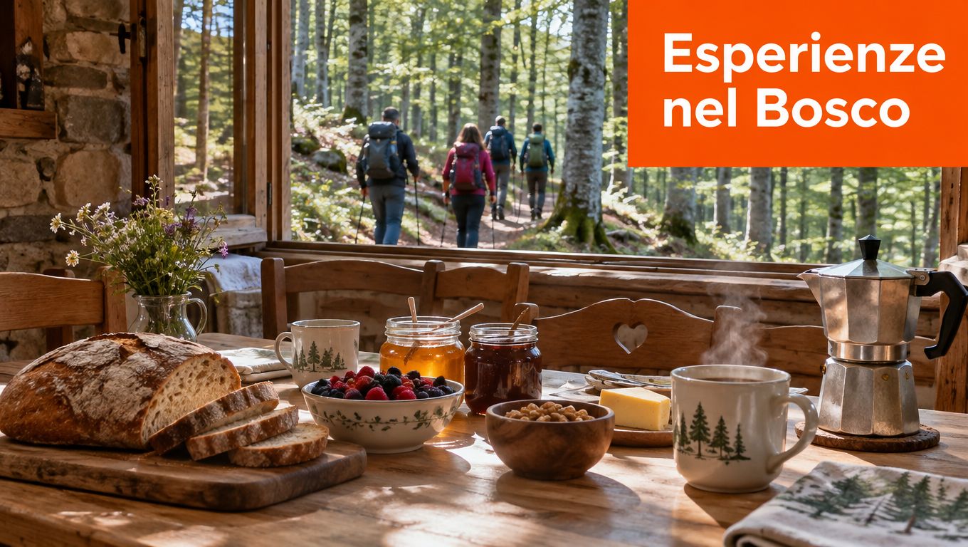 Una tavola imbandita per la colazione con vista su escursionisti che camminano nel bosco dalla finestra.