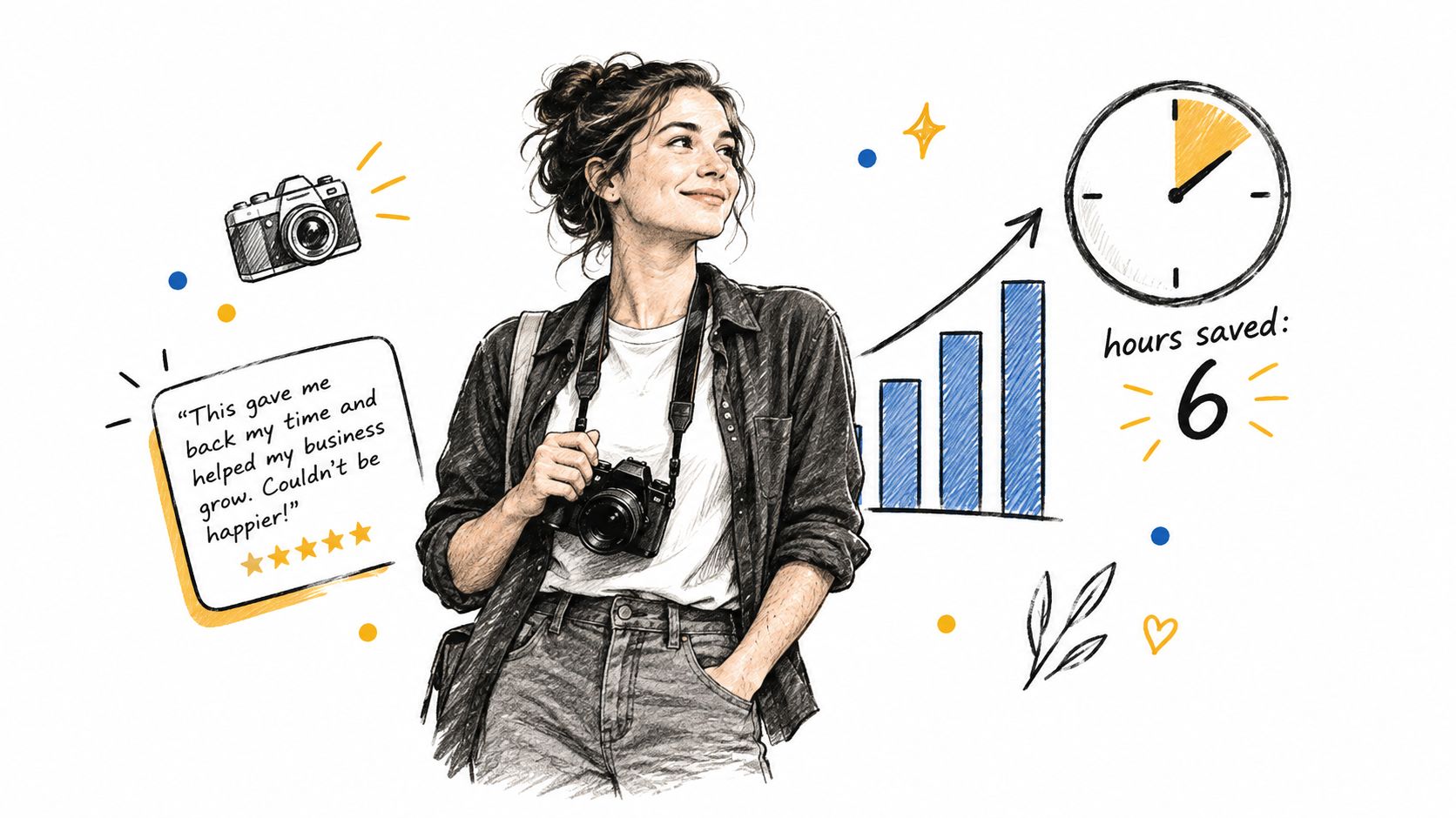 A pencil sketch of a smiling female photographer with a camera, business growth graph, and saved time icon.