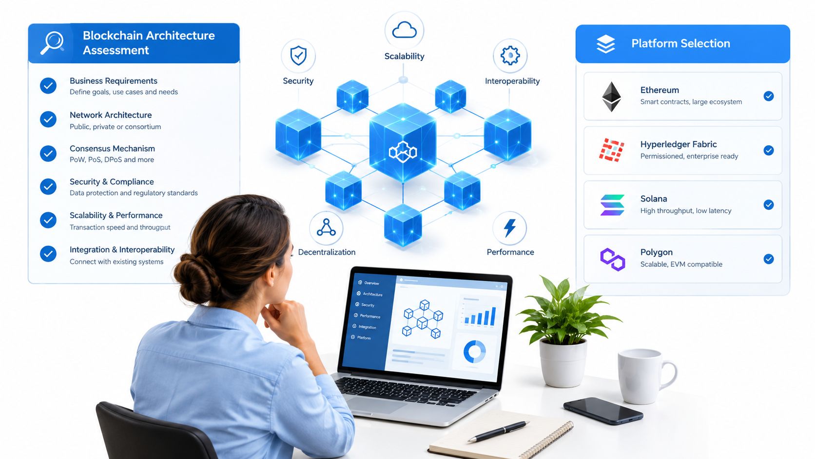 A professional analyzing blockchain architecture and platform options on a laptop to choose the best technology solutions.