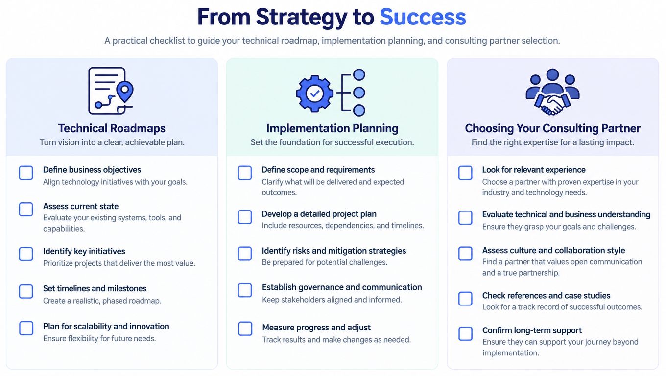 A three-part infographic checklist guiding technical roadmap development, implementation planning, and consulting partner selection for business success.