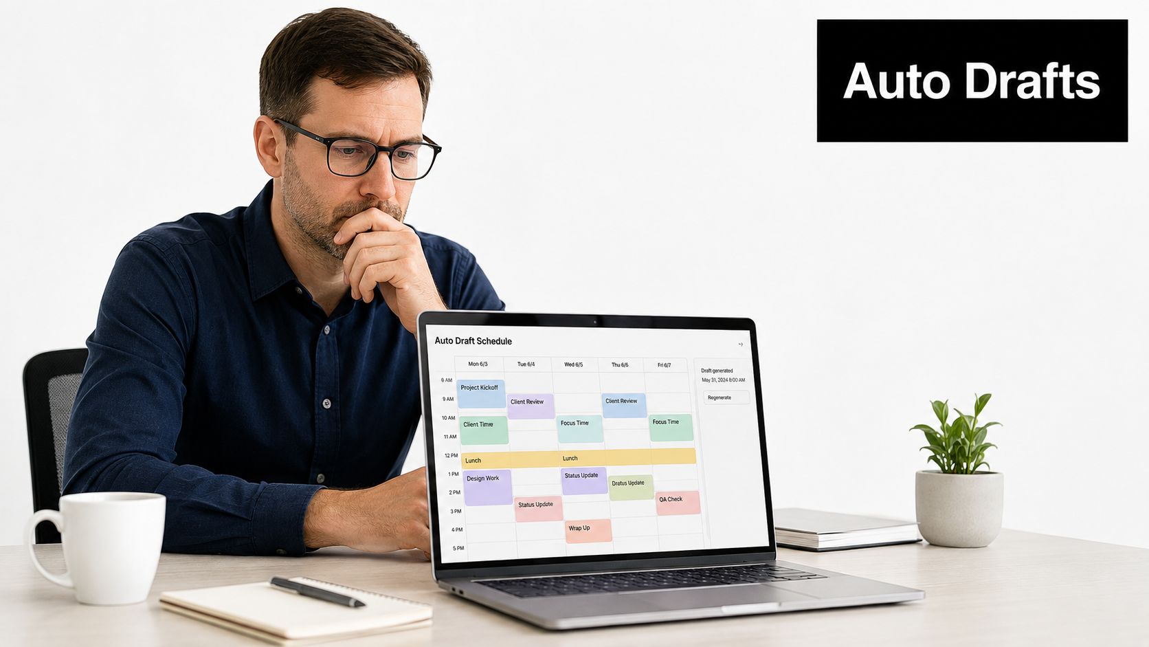 A man wearing glasses sitting at a desk and reviewing a project schedule on his laptop screen.
