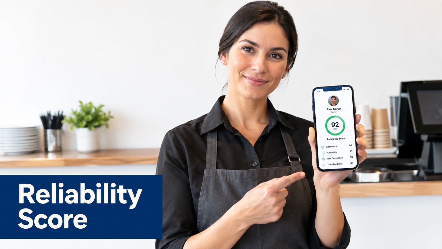 A smiling woman in an apron points to a smartphone app displaying a personal employee reliability score.