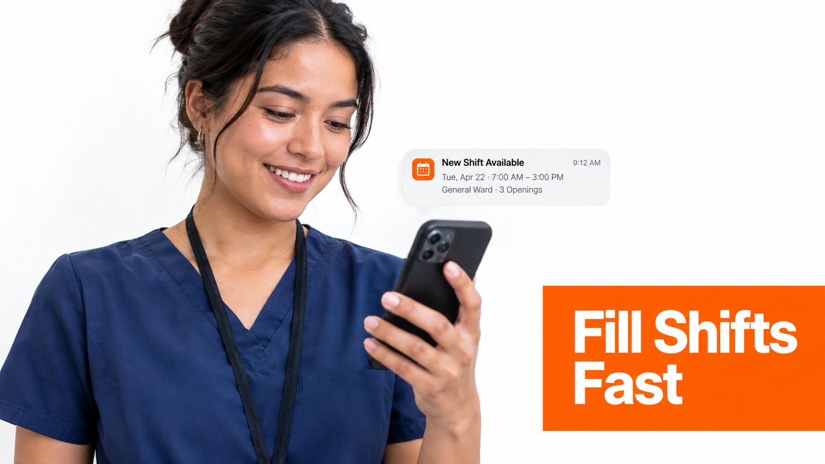 A healthcare professional smiling while looking at a shift notification on her smartphone to fill shifts fast.