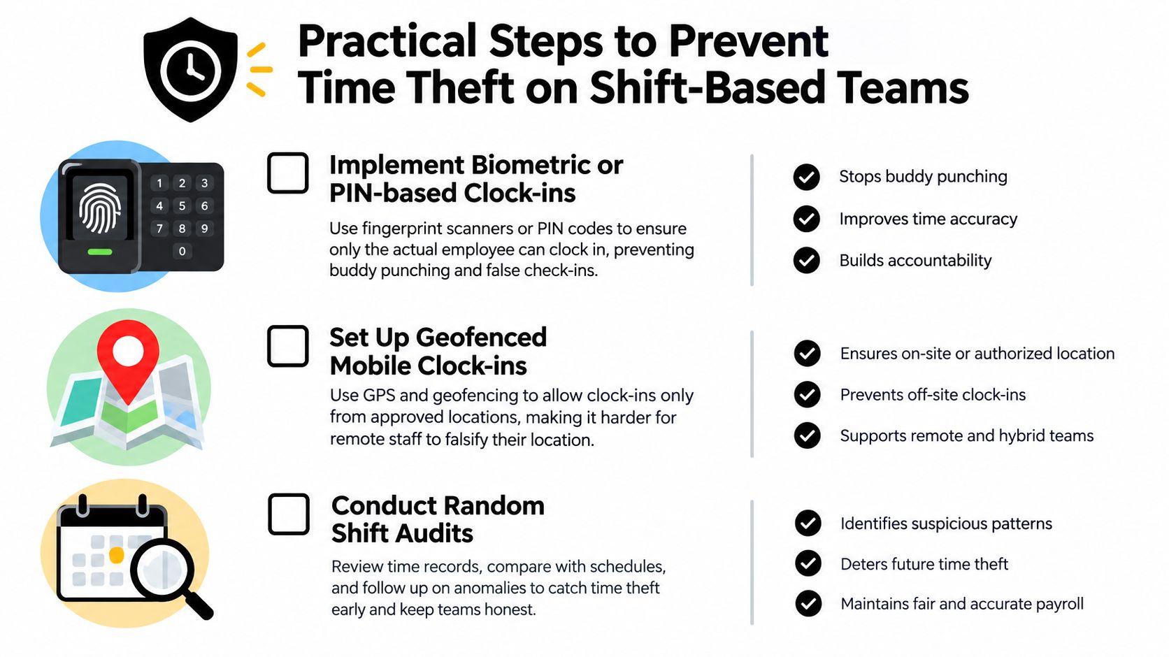 An infographic showing three practical methods to prevent time theft in shift-based workplace teams.