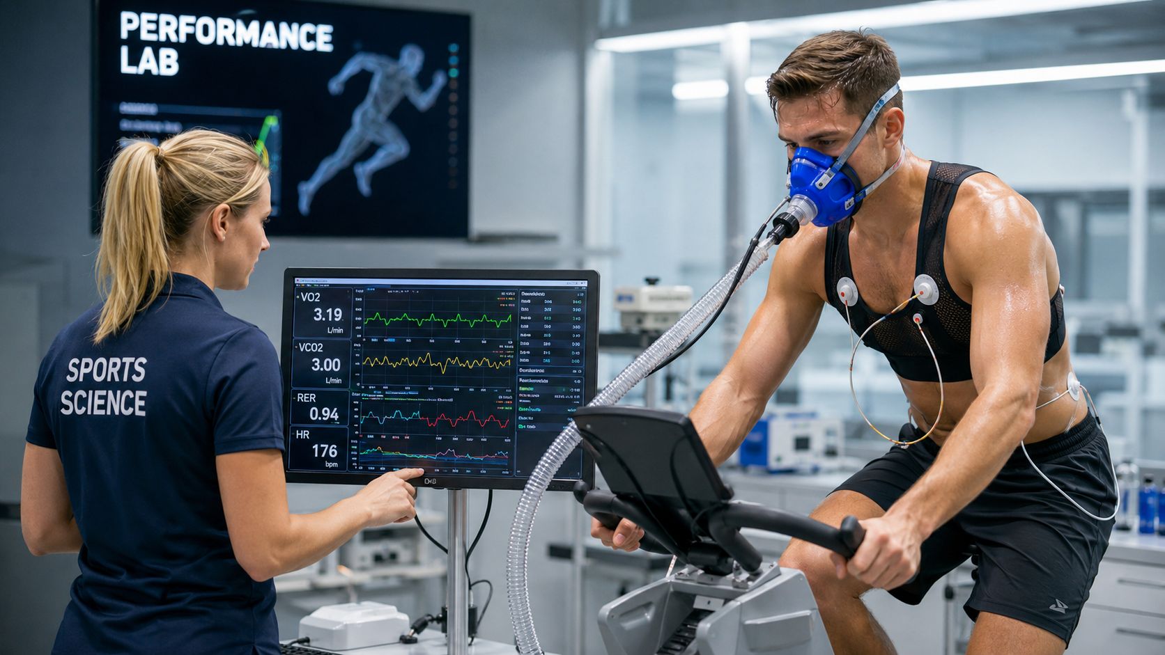 Level Up Your Fitness Assessments 2 A sports scientist uses professional-grade Cartwright Fitness testing equipment to assess an athlete in a lab.