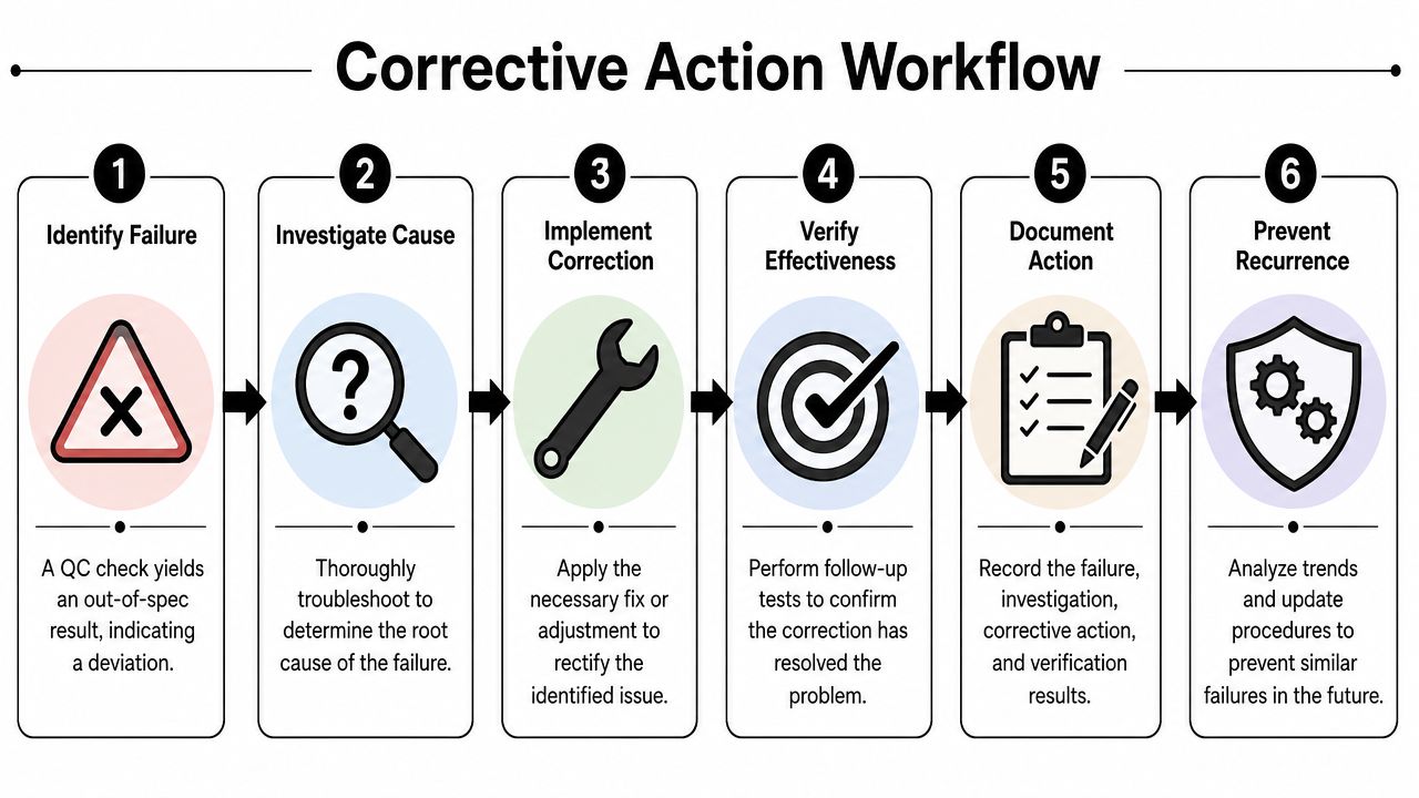 Quality Control Procedures for Fitness Testing Equipment 6 A flowchart showing the six steps of a corrective action workflow for managing quality control failures.