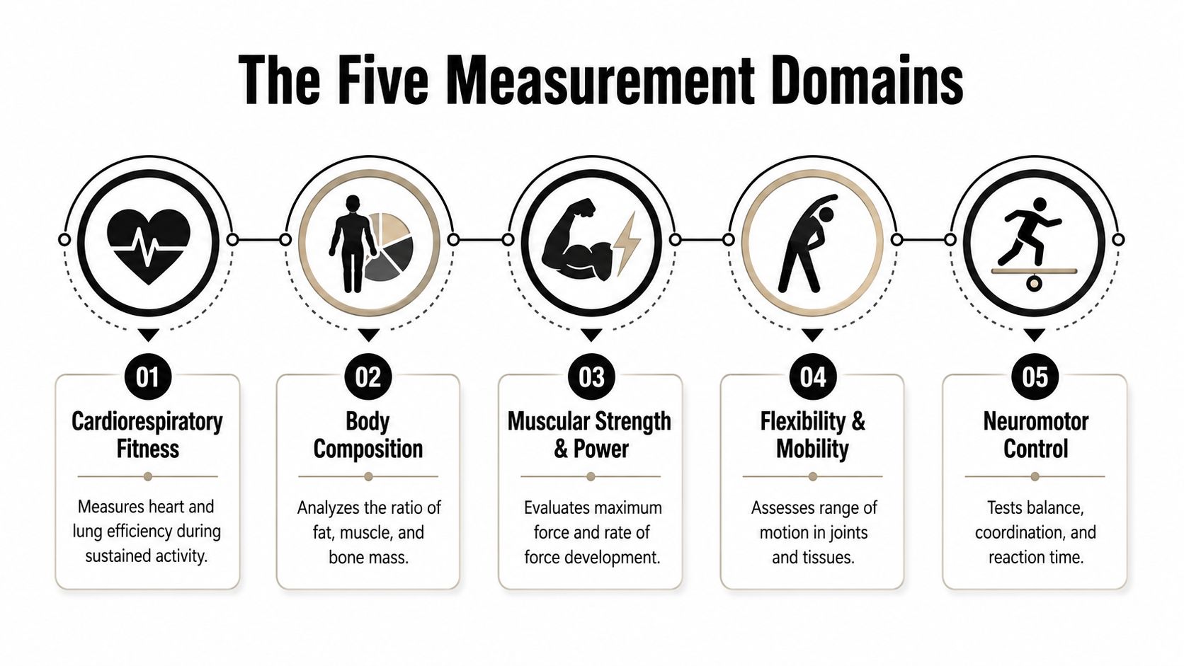Fitness Assessment Tools: A Practical Buyer's Guide 2 An infographic titled The Five Measurement Domains showing icons for fitness assessment metrics like endurance and strength.