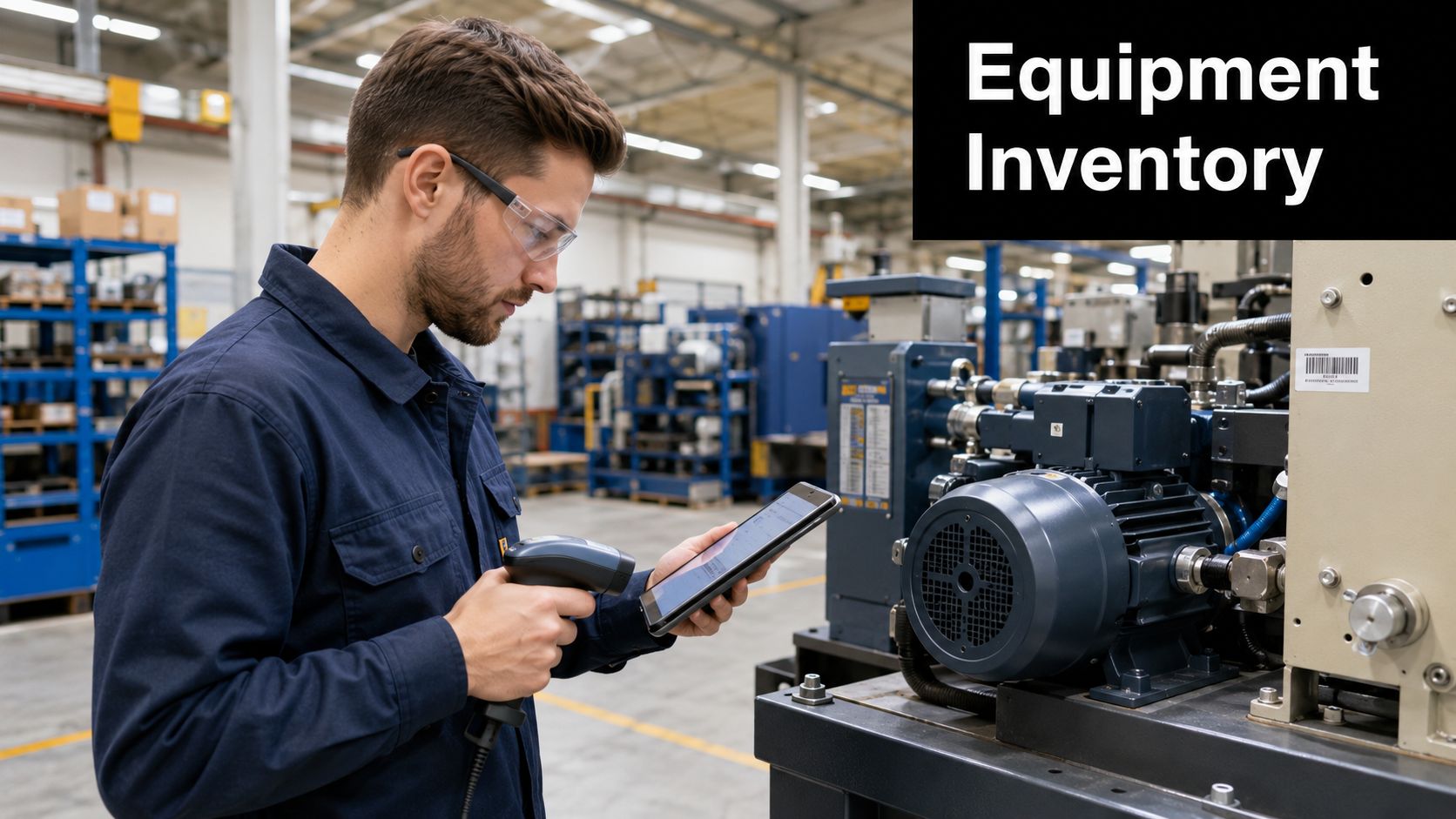 Equipment Replacement Planning for Health & Fitness 2 A warehouse technician wearing safety glasses scans industrial equipment using a handheld barcode scanner and tablet.