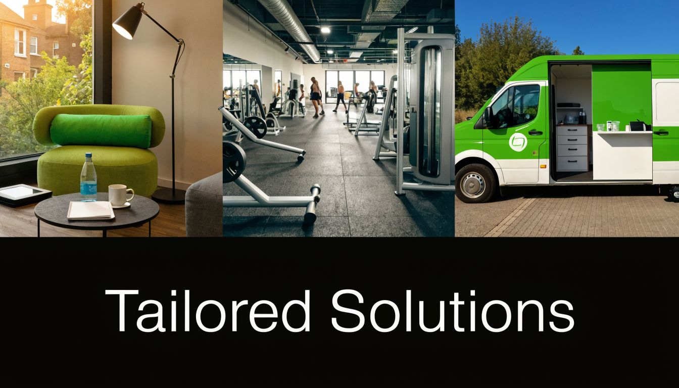 A collage showing a comfortable lounge area, a modern gym facility, and a mobile service van.