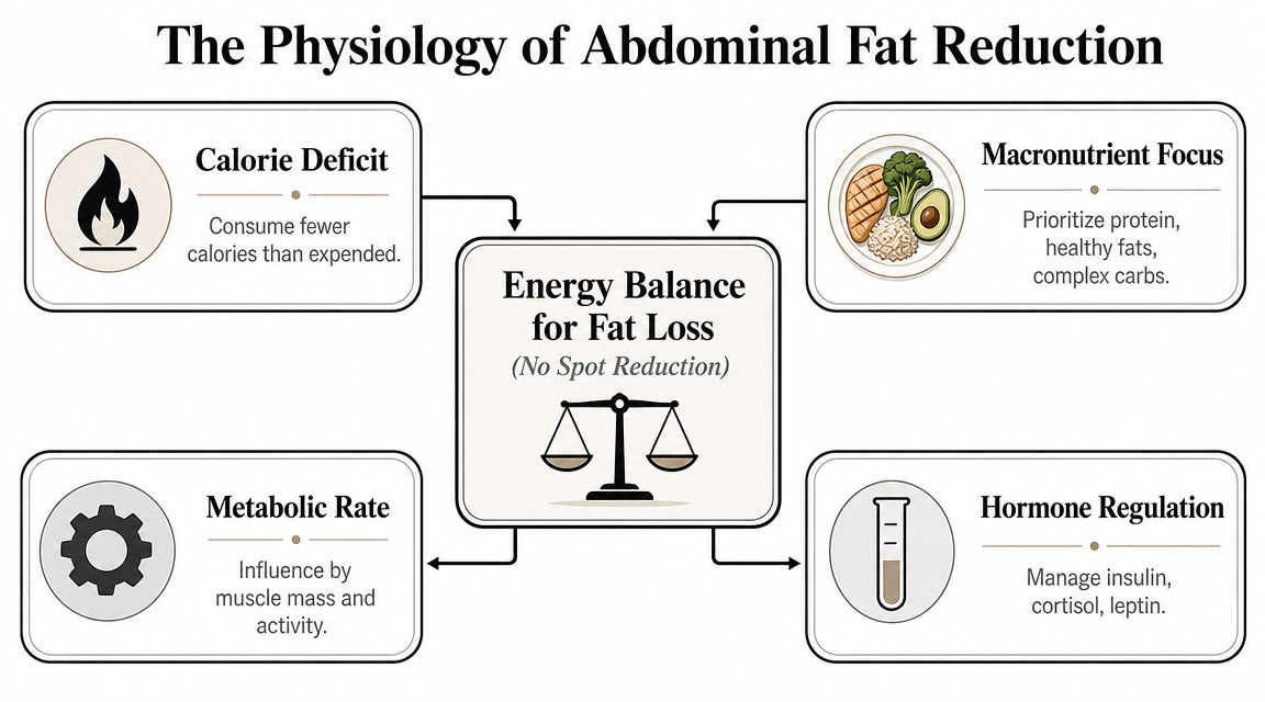 An infographic titled The Physiology of Abdominal Fat Reduction showing factors like calorie deficit and metabolism.