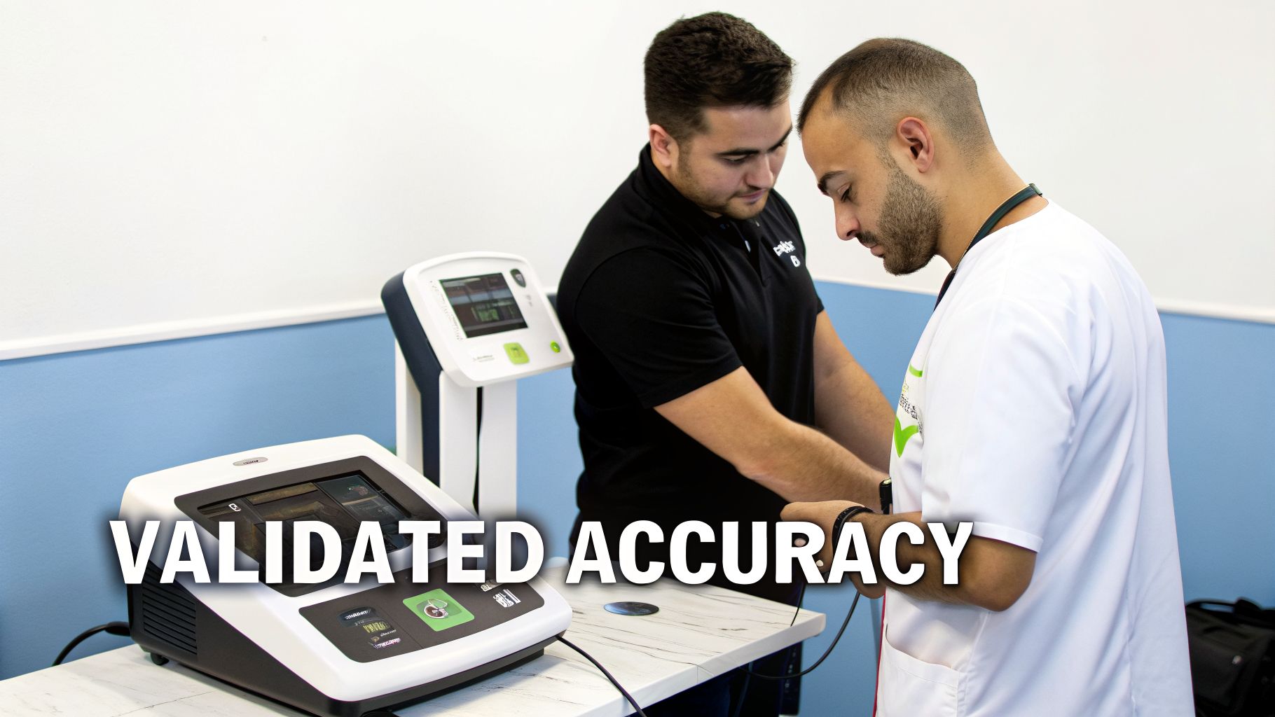Two men using advanced health monitoring devices in a clinic, emphasizing validated accuracy.