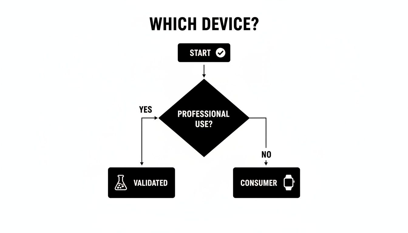 Flowchart guiding device selection: professional use leads to validated devices, non-professional to consumer.