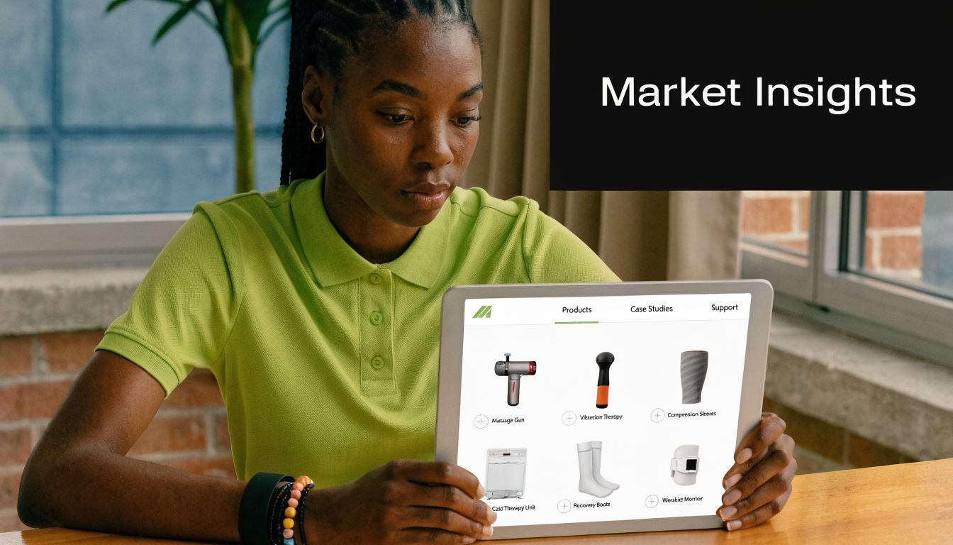 A person viewing an online catalog of physical therapy recovery products on a digital tablet device.