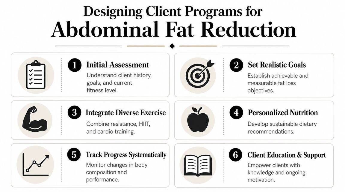A six-step guide infographic titled Designing Client Programs for Abdominal Fat Reduction for personal trainers.